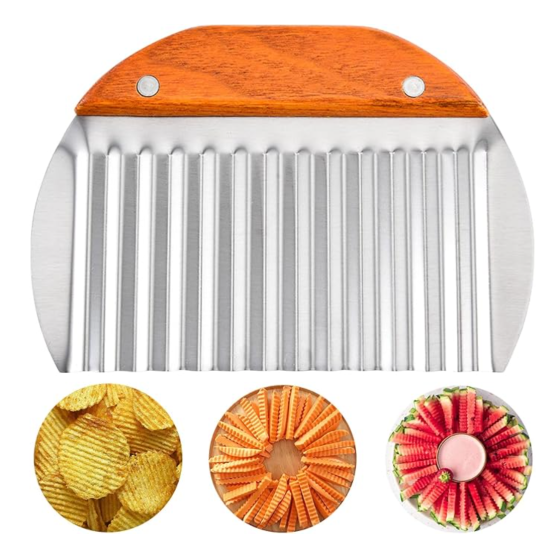 Large Crinkle Cutter for Veggies,French Fry Cutter with Wooden Handle,Potato Slicer French Fries Chopper,Potato Chip Slicer,Crinkle Cut Fries,Wavy Knife for Cucumber,Carrot,Carrot Chopper
