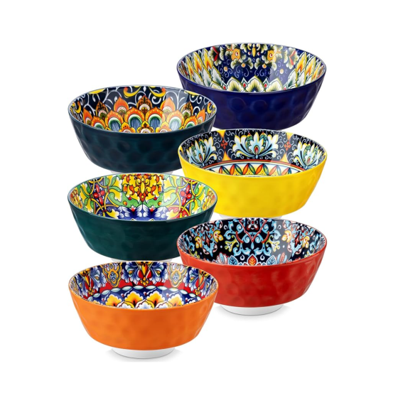 Cereal Bowls, Ceramic Soup Bowls Set of 6, 26 oz Colorful Bowls Set for Kitchen, Dishwasher & Microwave Safe- for Cereal, Soup, Oatmeal, Ice Cream, Salad, Pasta etc.