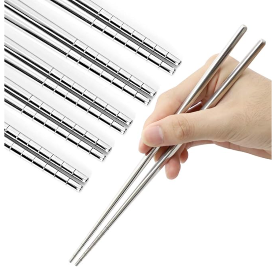 Stainless Steel Chopsticks 5 Pairs Reusable Multicolor Lightweight 304 Metal Chopsticks Square Lightweight Non-Slip Chop Sticks Dishwasher Safe Gift Set(Silver Hollow)