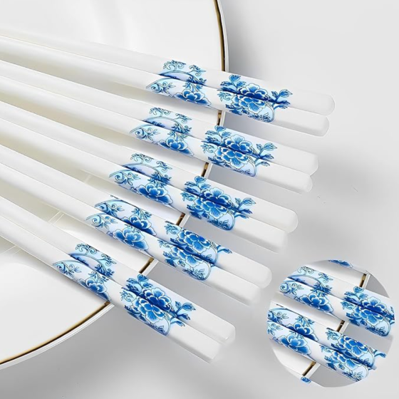 Chopsticks Reusable Ceramic 5 Pairs Porcelain Chopsticks Dishwasher Safe,High-grade Bone Blue Peony