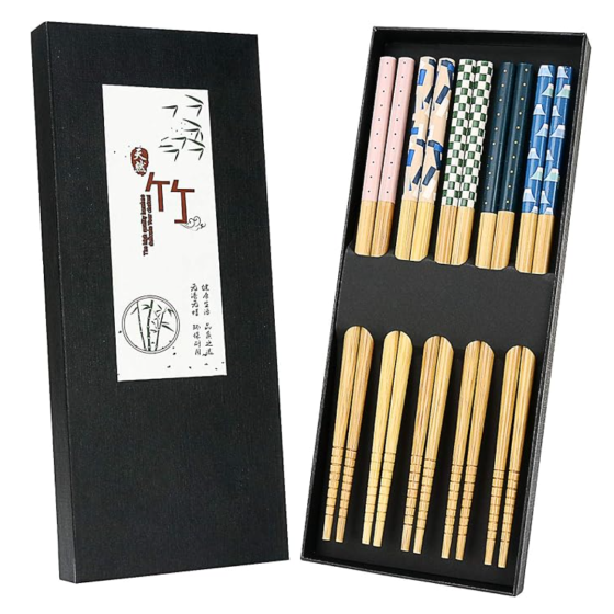 5 Pairs Japanese Natural Bamboo Chopsticks with Unique Pattern Dishwasher Safe, Reusable Non-Slip Chopstick Gift Set for Asian Dishes Sushi Rice Noodles, Nicely Boxed Chinese Chop Sticks Functional