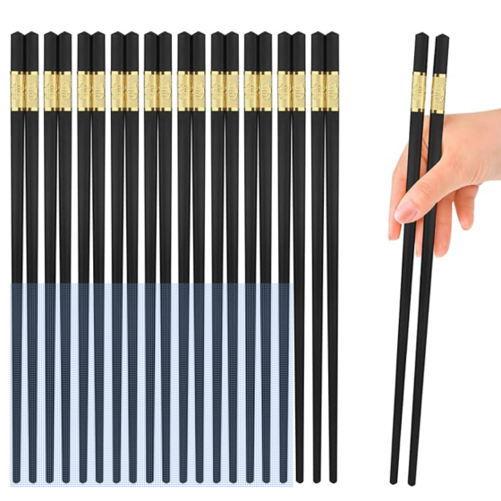 10 Pairs Non-Slip Fiberglass Chopsticks, Reusable Chopsticks Gift Set Dishwasher Safe, Easy to Use and Clean, Square Lightweight for Home Kitchen, Hotel, Restaurant Dining Tools, Black and Gold